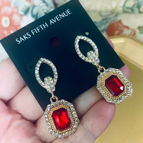 Saks Fifth Avenue EARRINGS🩷NEW JEWELED RED SPARKLING DANGLE DROP PIERCED POST - Picture 3 of 5
